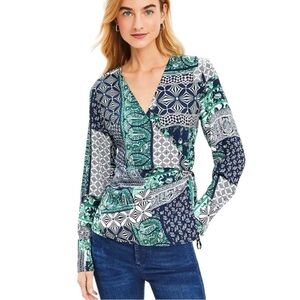 LOFT Patchwork Wrap Top in Navy/White/Green Size XL